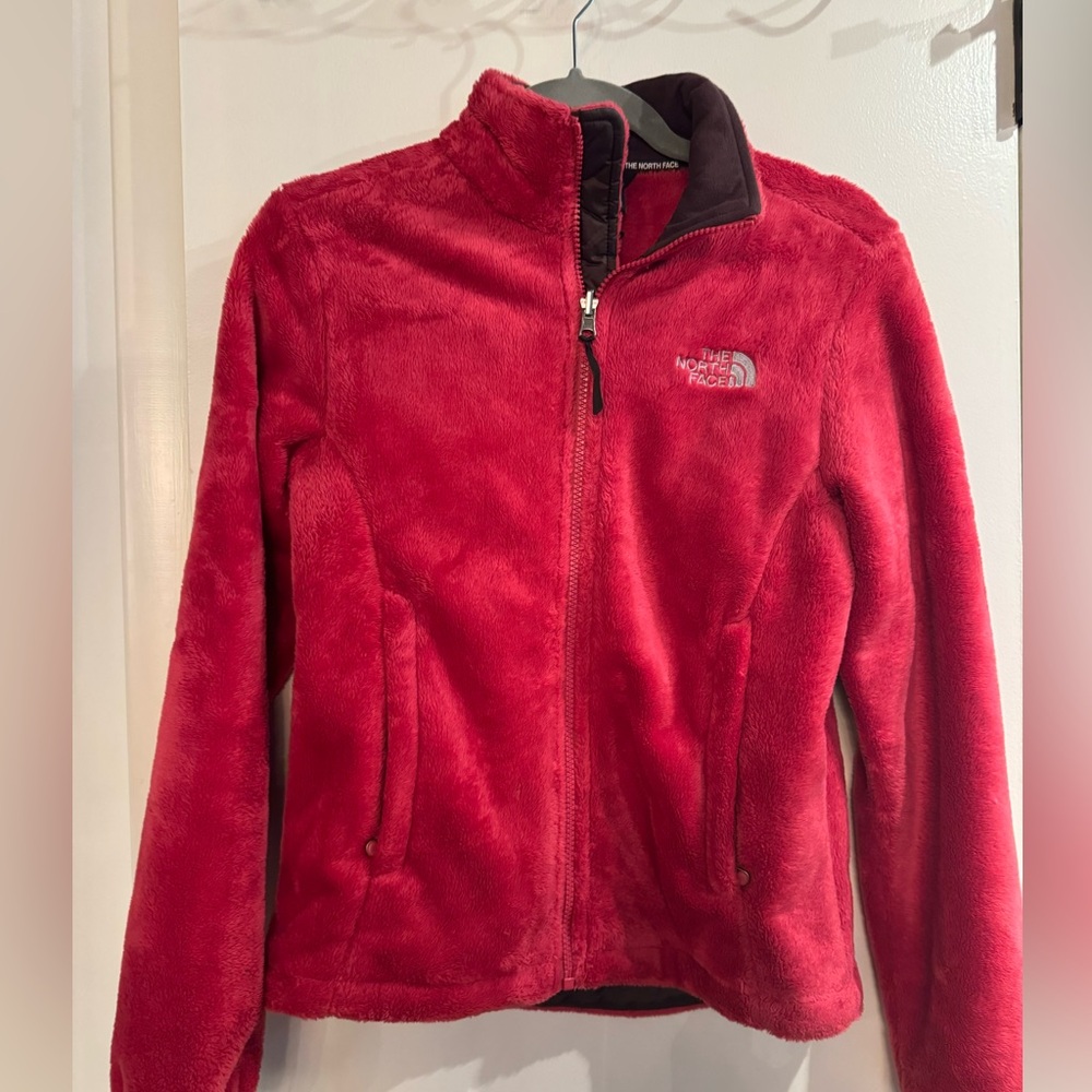 North face pink and brown fuzzy zip up
